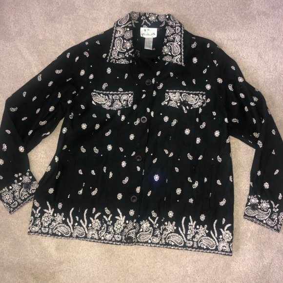 Quacker Factory Vintage Jacket Bandanna denim style beaded‎ large black - Picture 12 of 12